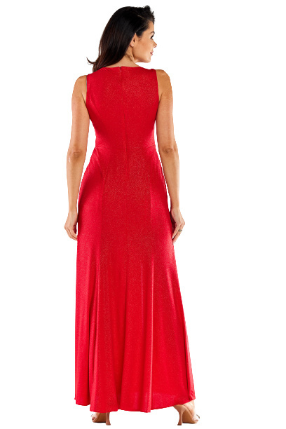 Sukienka maxi elegancka brokatowa z rozcięciami bez rękawów czerwona